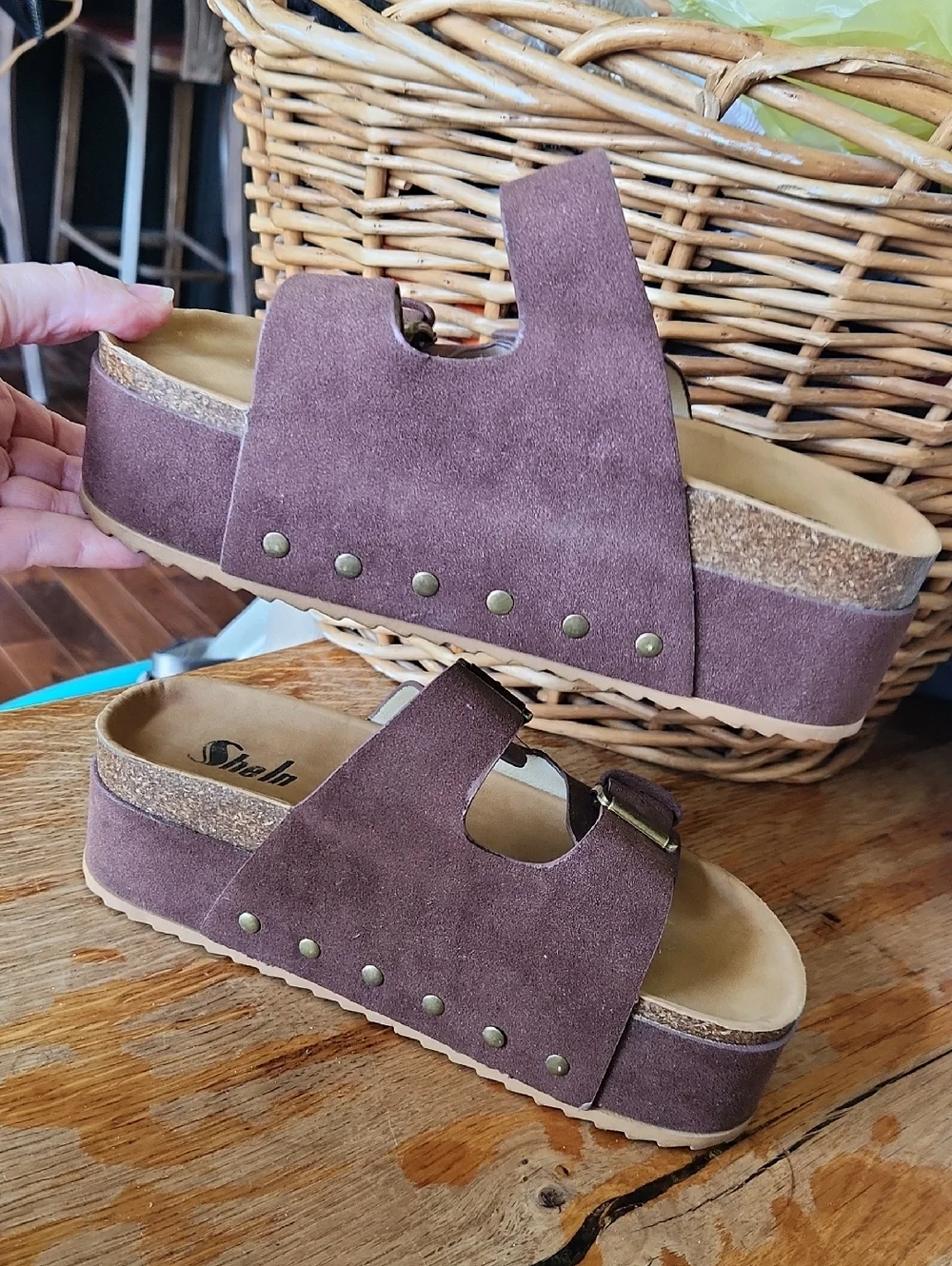 Women's sz 8 BOHO Buckle Platform Slides Sandals Brown‎